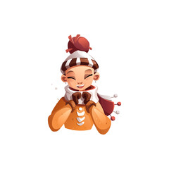 A happy creative cartoon girl rejoices in a knitted hat, scarf and mittens. Hobby courses or knitting workshops. Detailed vector illustration.