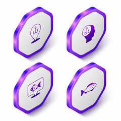 Set Isometric Fishing hook, Fisherman, Location fishing and icon. Purple hexagon button. Vector