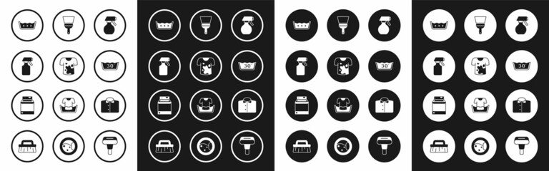 Set Water spray bottle, Dirty t-shirt, Temperature wash, Rubber cleaner for windows, T-shirt and Washer icon. Vector