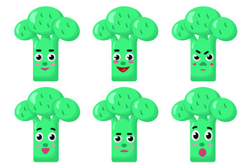 Set of funny broccoli characters - emotional intelligence. Collection of icons, in cartoon, flat style. Vector isolated on white background. The concept of a vegetable bundle of green broccoli.  Emoji