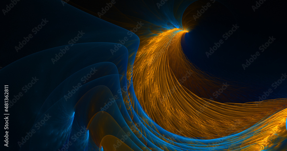 Wall mural abstract colorful yellow and blue feathers on a dark background. glowing fractal shapes. digital fra