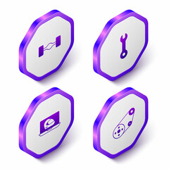 Set Isometric Chassis car, Wrench spanner, Racing helmet and Timing belt kit icon. Purple hexagon button. Vector