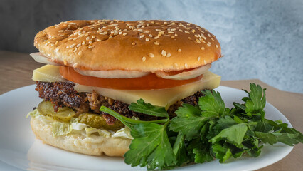 Delicious hamburger with cutlet and cheese on white plate baclground. Image for design menu.