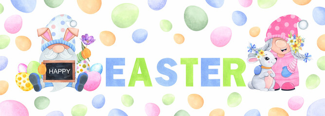 Watercolor illustration. Happy Easter card. Cute gnomes with an Easter bunny and colorful eggs on a white background. 