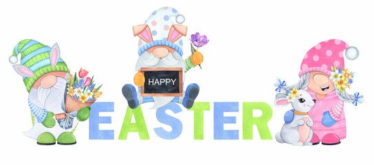Watercolor illustration. Happy Easter card. Cartoon gnomes with flowers and a rabbit on a white background.