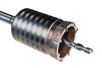 Closeup of hole saw cutter with spiral twisted pilot drill bit isolated on a white background....