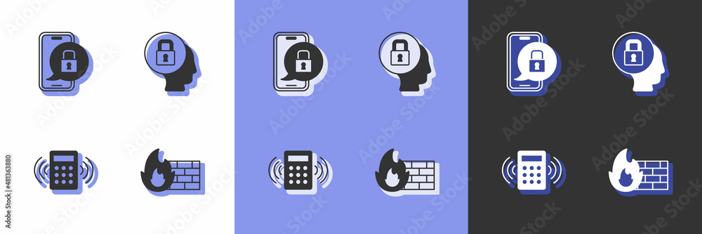 Poster set firewall, security wall, mobile with closed padlock, security keypad access panel and lock icon.