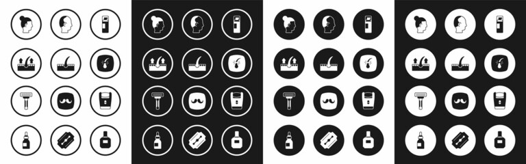 Set Shaving gel foam, Human hair follicle, Hairstyle for men, Broken, Baldness, Electric razor blade and icon. Vector