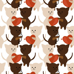 white cat and brown cat Hearts and arrows of love. Seamless pattern for decoration. Valentine's Day. Wrapping paper pattern.