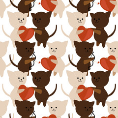 white cat and brown cat Hearts and arrows of love. Seamless pattern for decoration. Valentine's Day. Wrapping paper pattern.