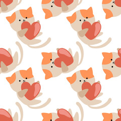Obraz premium seamless pattern with cats. Cat and heart on white background. Seamless pattern for Valentine's Day. Background for Valentine's decoration. Super cute wrapping paper pattern.