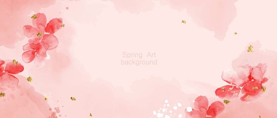 Abstract art botanical composition. Spring minimal design in pink and golden shades. Watercolor herry blossoms