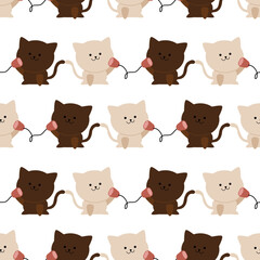 seamless pattern with animals. White and brown cat couple on a white background. Valentine seamless pattern. Seamless pattern for Valentine's Day decoration. Wrapping paper pattern.