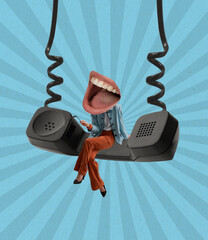 Stylish young girl with open mouth instead head sitting on big retro handset, phone. Contemporary art collage. Surrealism.