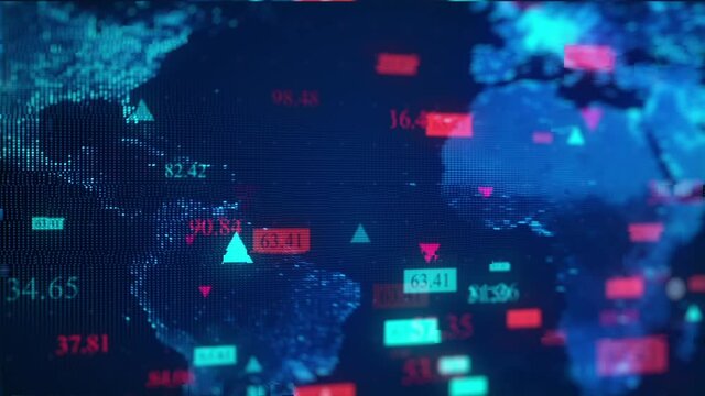 This stock motion graphics shows a map of the world on which economic crises and booms are marked with red and blue markers, circles, triangles, counters with digital data.