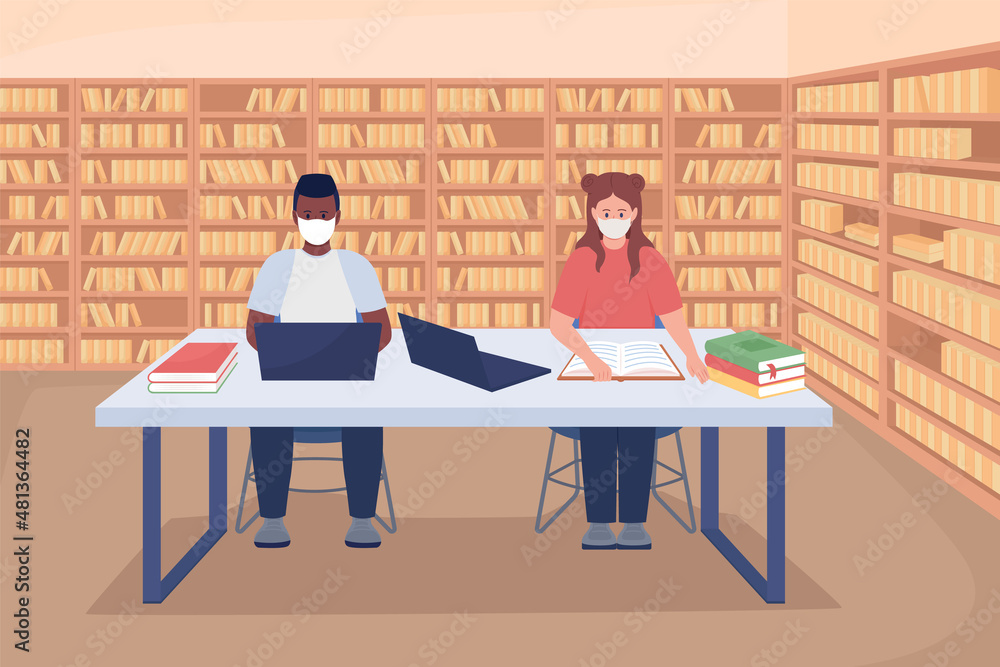 Poster studying in library flat color vector illustration. pupils on laptop and books. students in face mas