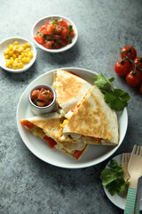 Homemade quesadilla with chicken and tomatoes