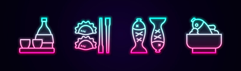 Set line Bottle of sake, Dumpling with chopsticks, Served fish on plate and Rice bowl. Glowing neon icon. Vector