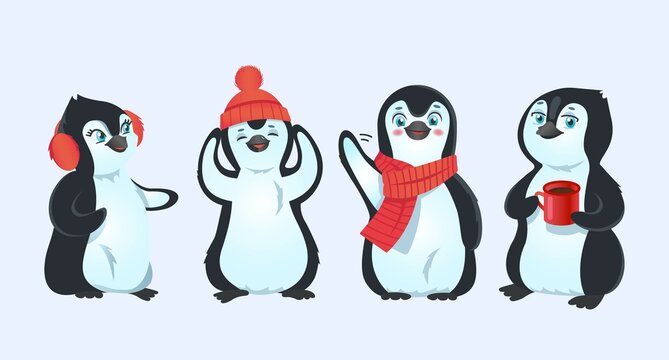 Cute cartoon penguins in a hat, scarf with a cup of cocoa