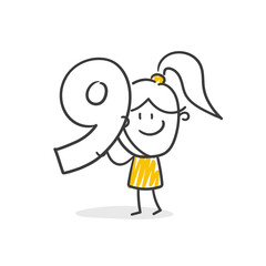 Strichfiguren / Strichmännchen / Frauchen: Zahl Neun.