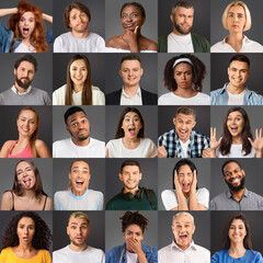 Collection of multiracial people showing different emotions on grey studio backgrounds. Human mosaic concept