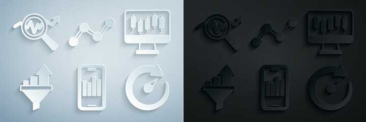 Set Mobile with graph, Stocks market growth graphs, Sales funnel chart, Digital speed meter, Graph infographic and Search data analysis icon. Vector