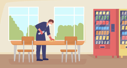 Cleaning cafeteria flat color vector illustration. Disinfecting desk and tables for lunch. Cleanup work. Cleaner in uniform 2D cartoon character with school hallway interior on background