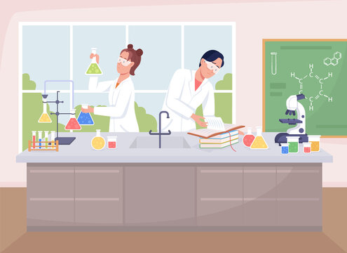 School chemistry class flat color vector illustration. Conducting experiment with chemicals in beakers. Students in lab coats 2D cartoon characters with laboratory interior on background
