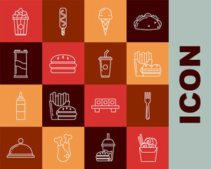 Fototapeta na wymiar Set line Asian noodles in paper box and chopsticks, Fork, Burger french fries carton package, Ice cream waffle cone, Soda can, Popcorn cardboard and Paper glass with drinking straw water icon. Vector