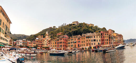 Naklejka premium Big size landscape panorama of Portofino, one of the most visited and iconic Italian village, Genoa province, Liguria - Italy.