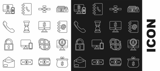 Set line Wallet with with dollar symbol, Address book, Business hierarchy organogram chart infographics, Old hourglass flowing sand, Telephone handset, mobile bitcoin and icon. Vector
