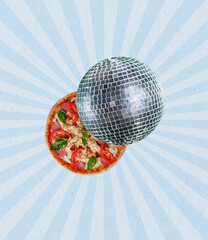 Composition with big italian pizza and disco ball isolated on bright silver striped background. Contemporary art collage, modern design.