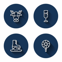 Set line Reindeer, Glass of champagne, Skates and Lollipop with long shadow. Blue circle button. Vector