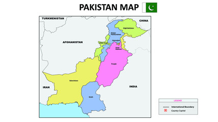 Pakistan Map. Colorful Pakistan Map with neighboring countries names and borders.