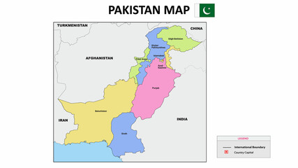 Pakistan Map. Colorful Pakistana Map with neighboring countries names and borders.