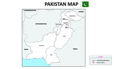 Pakistan Map. Political map of Pakistan. Pakistan map with neighboring countries names and borders.