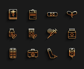 Set line Pills in blister pack, First aid kit, Medical book, Inhaler, IV bag, Medicine bottle and pills, and syringe with needle icon. Vector