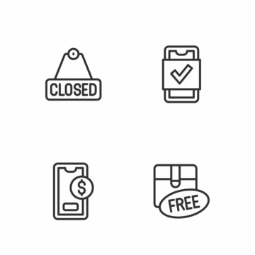 Set line Cardboard box with free symbol, Mobile dollar, Hanging sign text Closed and shopping icon. Vector