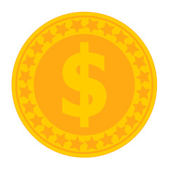 Gold coin with dollar sign on white background, American and world currency