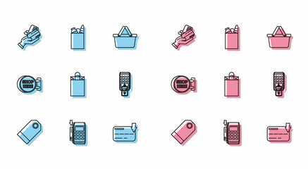 Set line Blank label template price tag, Credit, Paper shopping bag, POS printed reciept confirms the payment by smartphone, Signboard hanging inscription here and food icon. Vector