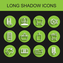 Set line Blank label template price tag, Shopping building on screen laptop, Pos terminal with inserted credit card, Credit, basket, cart and food and Paper shopping bag icon. Vector