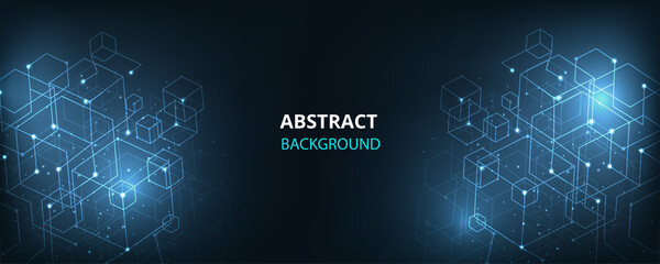 Geometric shape and connection with 3d cubes on dark blue background.Vector graphics. 