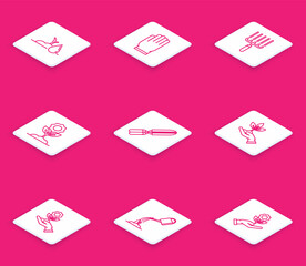 Set line Watering sprout, Garden gloves, rake work, Flower, Gardening handmade scissors for trimming, Plant of environmental protection, Hand holding flower and can with water icon. Vector