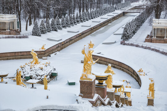 Peterhof in winter. Snow covered park