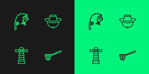 Set line Fishing net, Lighthouse, rod and fish and Fisherman hat icon. Vector