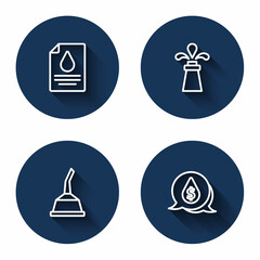 Set line Contract money and pen, Oil rig, Canister for motor machine oil and drop with dollar symbol with long shadow. Blue circle button. Vector