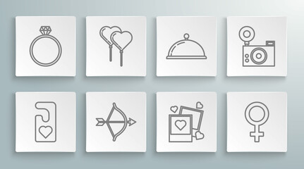 Set line Please do not disturb with heart, Bow and arrow, Two blanks photo frames hearts, Female gender symbol, Covered tray food, Photo camera and Diamond engagement ring icon. Vector
