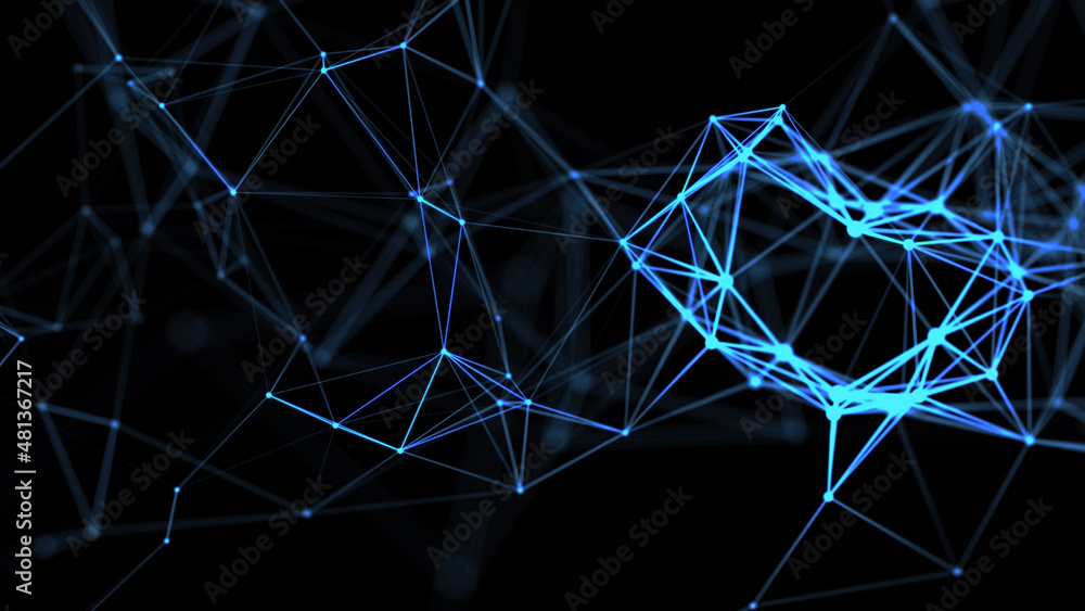 Poster connected digital blue dots with depth of field settings. abstract technology background. 3d renderi