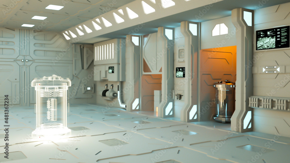 Poster high tech object being materialized in a science fiction lab or space ship. 3d rendering