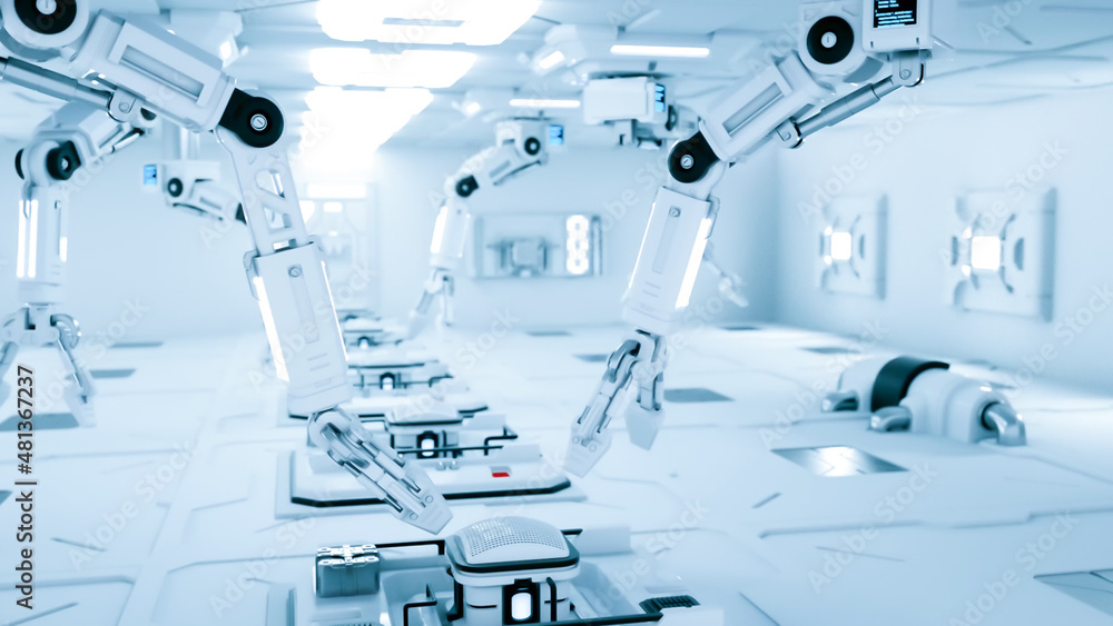 Poster white mechanical robotic arms working in a sterile white environment, like a factory or a high-tech 